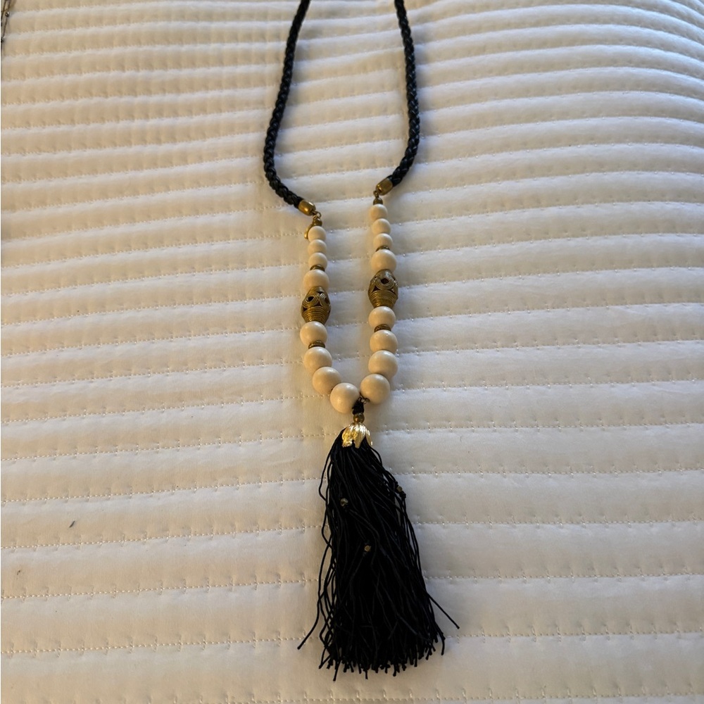 Beaded Tassel Necklace - Black and Cream-New
